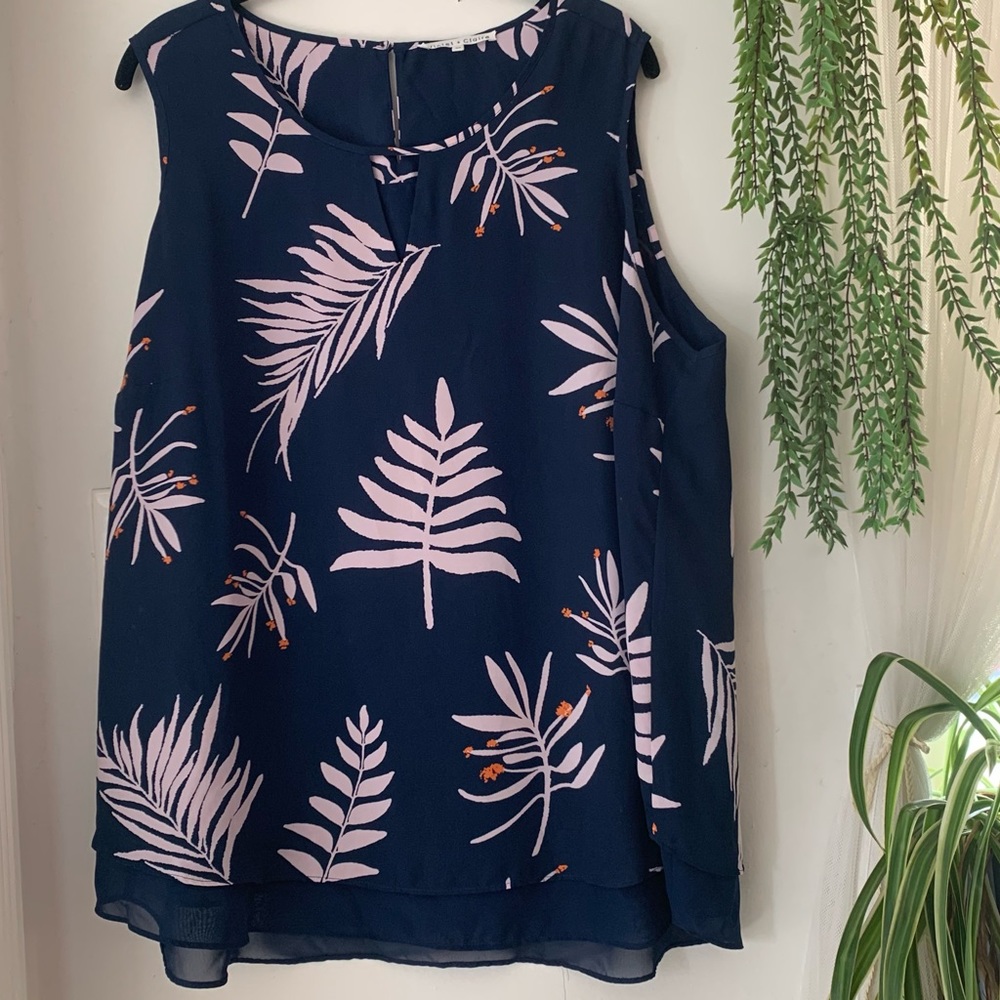 Navy Print Chiffon Sleeveless Top - 2X